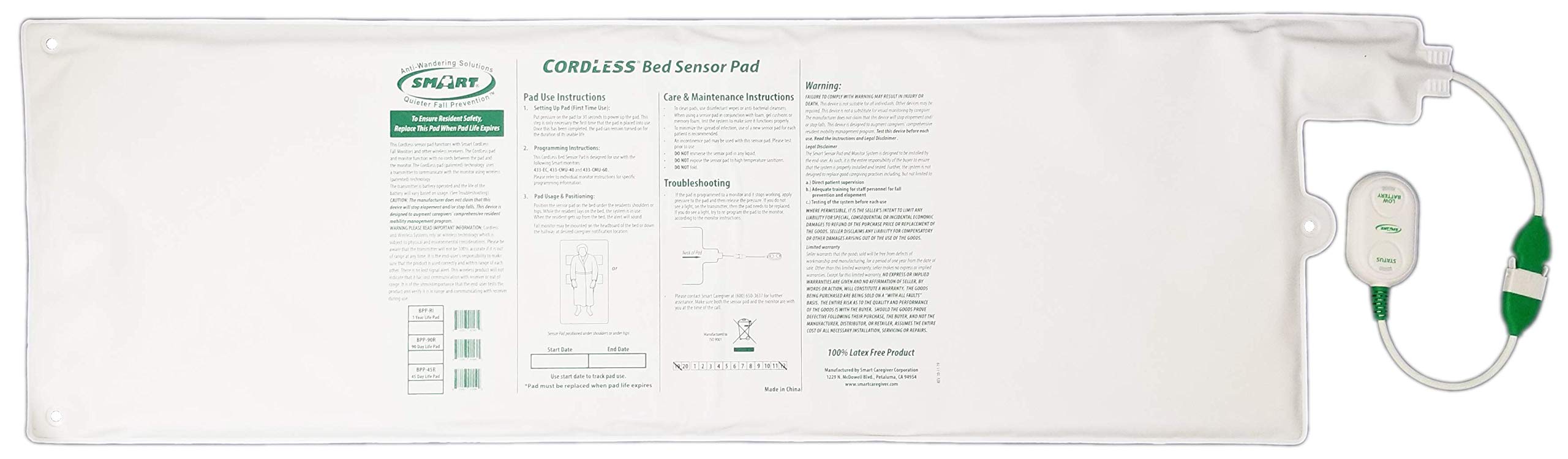 Smart Caregiver Corporation Replacement/Add-On Cordless Bed Sensor Pad - 10In X 30In Works With 433-Ec And 433-Cmu Only